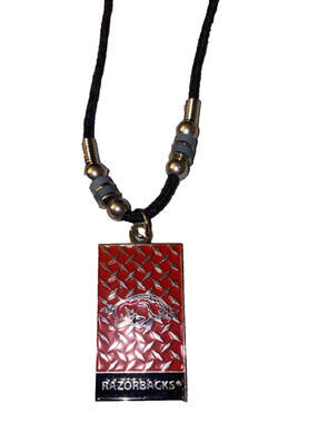 Arkansas Razorbacks Dog Tag Necklace – 18" Black Cord with Beaded Accents